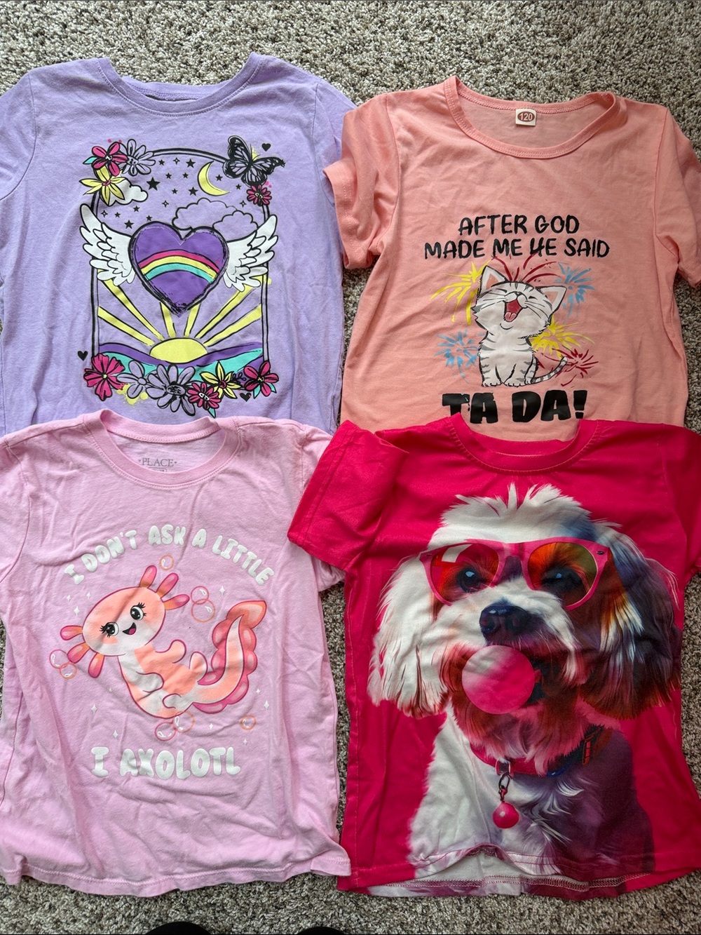 4 - Girls Short Sleeve Graphic Tees size 7/8 medium - dog, axolotl, heart, etc